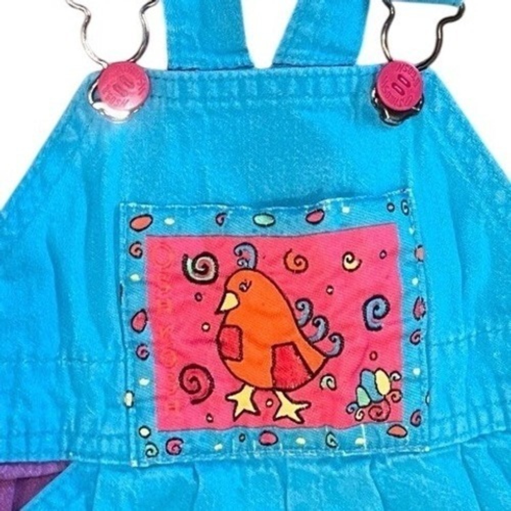 VTG OshKosh B'Gosh Vestbak 3T Colorblock Bird Graphic Overalls 90s Whimsical USA